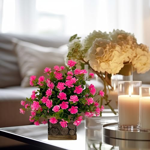 Image of Tdas Artificial Flower Plants Leaves Wooden Potted Eucalyptus Flowers Home Decor Greenery Small Faux with Pot for Indoor Shelf Desk Bathroom Bedroom Office Decoration (Pink)
