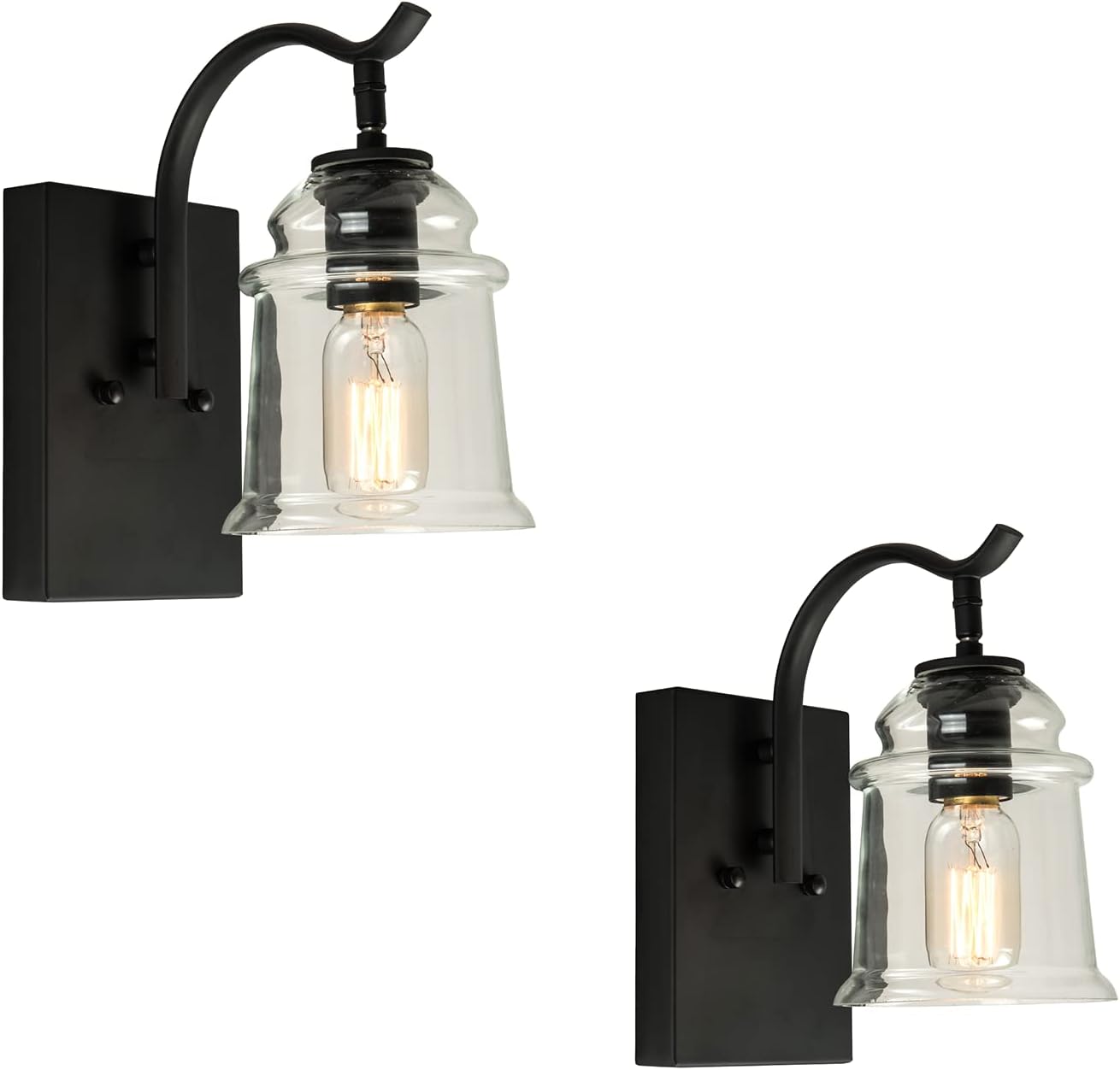 Maxax Glass Wall Sconce Set of 2, Industrial Vintage Wall Lights with Clear Glass Shade, Indoor Decor Metal Wall Mount Lighting, E26 Base, for Farmhouse, Bathroom, Bedroom, Living Room, Black