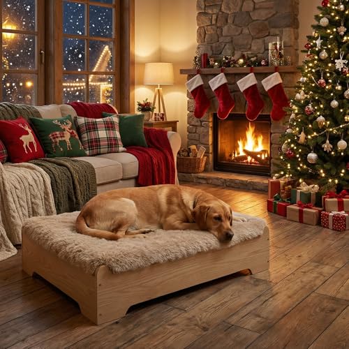 GLOSSGODS Elevated Dog Bed and Mattress with Removable Washable Cover, Egg Crate Foam, Wooden Frame, Suitable for Pet Up to 90 lbs, Naturalwood XL