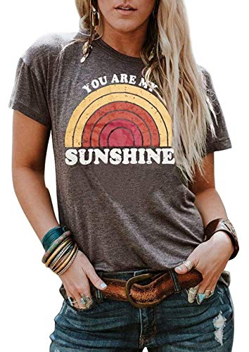 Yuan Women Bring On The Sunshine Shirt Christian Graphic Tee Letter Print Tops (Z-Grey, L)