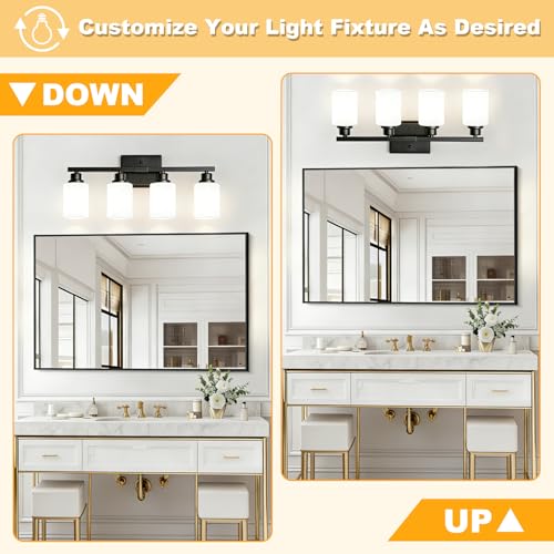 Image of Unicozin 4-Light Bathroom Light Fixtures, Modern Black Vanity Light Over Mirror, Wall Sconces with Milky White Glass Shades for Living Room Bedroom Hallway E26 Base