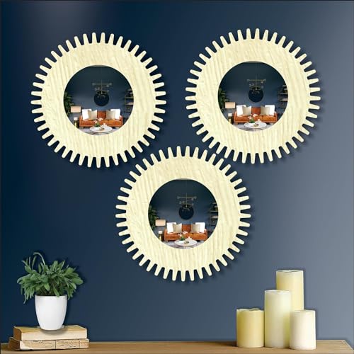Image of Creative Arts n Frames 11 inch Set of 3 Round Wall Decor Hand Crafted Wooden HD Wall Mirror Panel for Living Room Bedroom Lobby Modern Wall Decor Home Decor Items (Chakra 1 Pine)