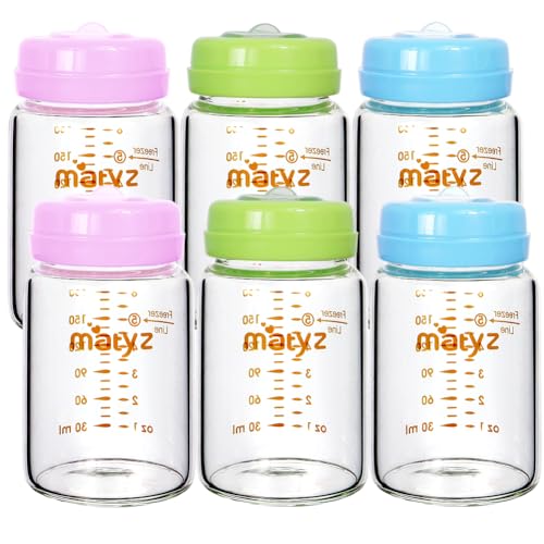 Image of Matyz 6-Pack Borosilicate Glass Breast Milk Bottles (6 oz, 3 Colors) - Wide Neck Breastmilk Collection and Storage Bottle - Formula Storage Bottles Compatible with Medela Avent Spectra Pumps