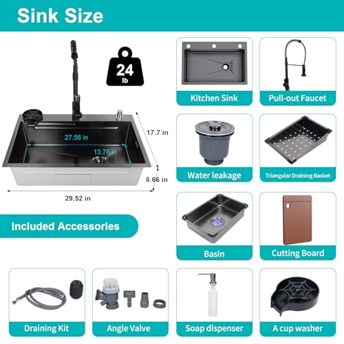 295-177-inch-Kitchen-Sink-Single-Bowl-Stainless-Steel-Sink-Multifunctional-Drop-In-Sink-with-Pull-Down-Faucet-and-Multiple-Accessories-black-grey-295-177-inch 295 177 inch Kitchen Sink Single Bowl Stainless Steel Sink Multifunctional Drop In Sink with Pull Down Faucet and Multiple Accessories black grey 295 177 inch
