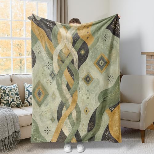 Couverture pelucheuse de luxe vert automne aux courbes géométriques - 2