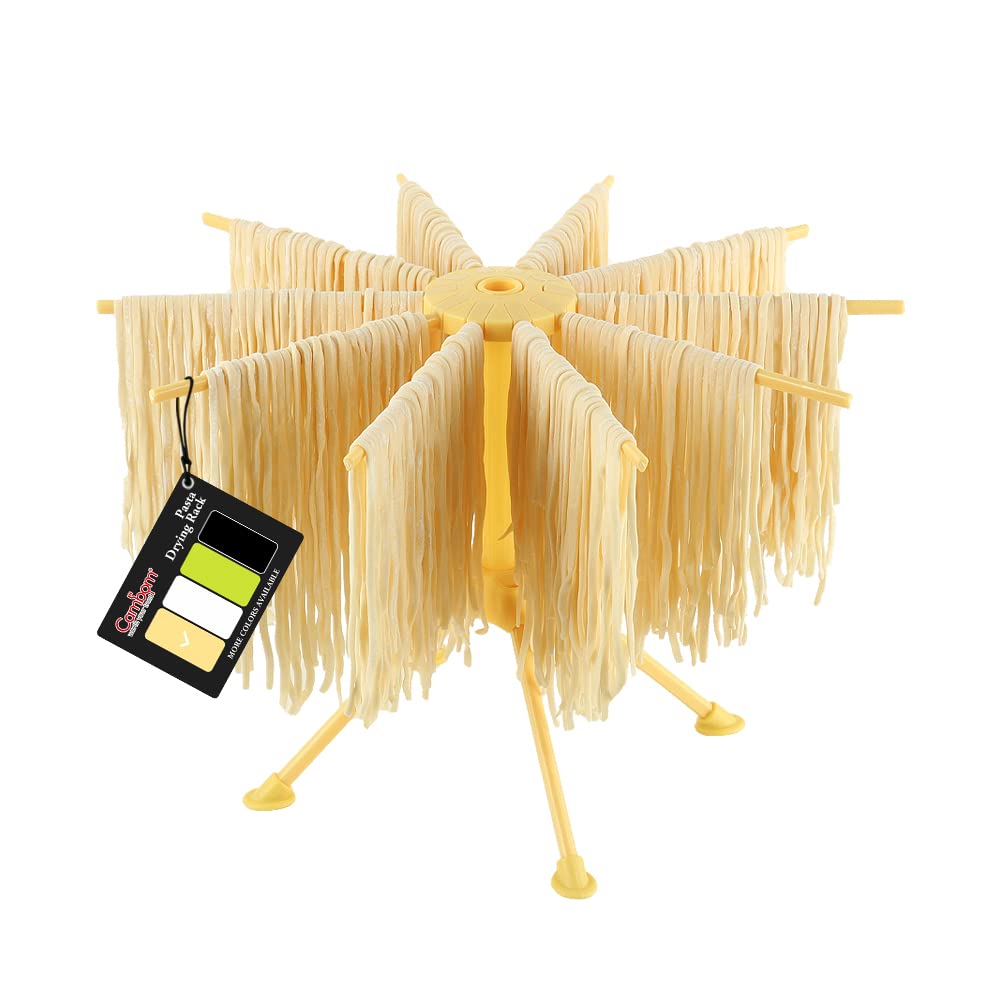 Cambom Foldable Pasta Drying Rack- Plastic Spaghetti Noodle Dryer with 10 Bar Handles Yellow