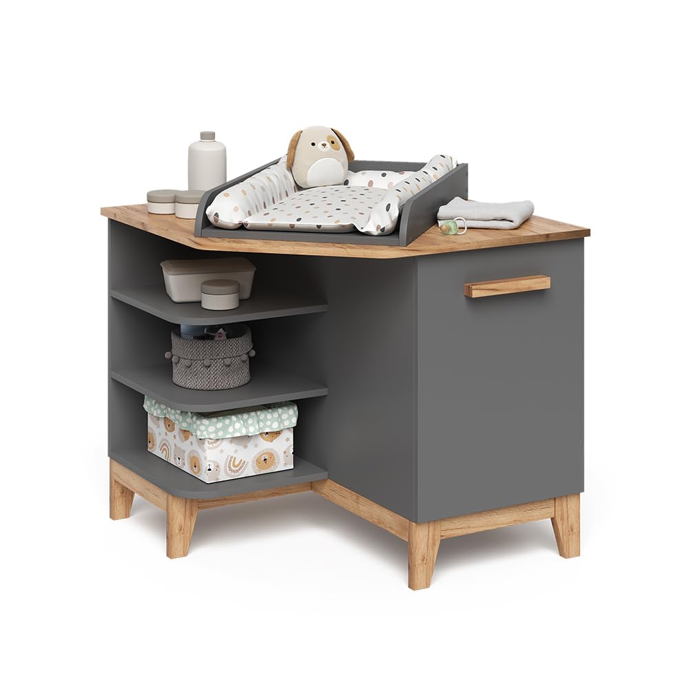 VitaliSpa Table à Langer Malia, Gris/Artisan, 85x85.2cm avec Porte, Plan à Langer Amovible pour Une Utilisation comme Commode d’Angle