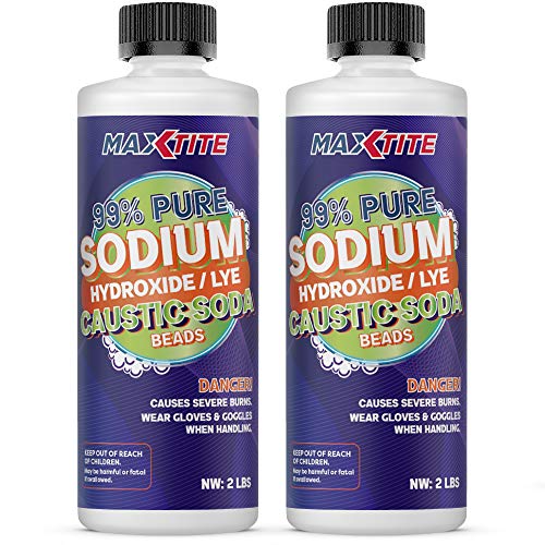 MaxTite Caustic Soda Beads - 2 lbs x 2 Pack - 99% Pure Sodium hydroxide - Soap Making Detergent Paper & Textiles Cleaning Drain Opening & More - Packed in USA