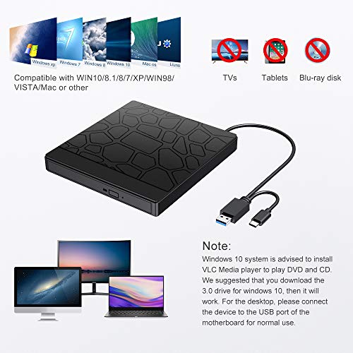 External CD DVD Drive, USB 3.0 Type-C Portable CD/DVD ROM +/-RW Drive/DVD Player Rewriter Burner with 2 USB, SD/TF Port, Micro USB, Compatible with Laptop Desktop PC Windows7/8/10 Linux OS Apple Mac