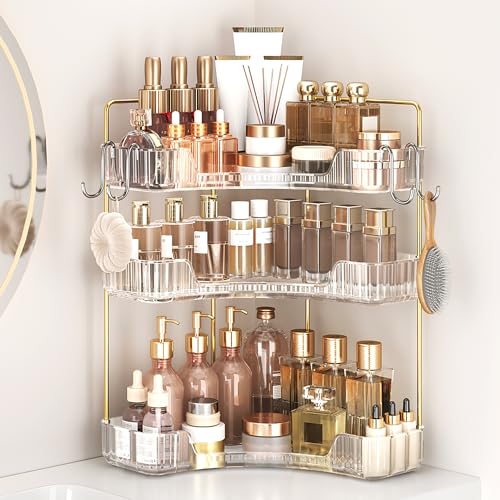 Image of Corner Bathroom Counter Organizer 3-Tier Bathroom Organizer Countertop with Hooks Perfume Organizers Storage Shelf for Makeup & Skincare Dresser-Clear