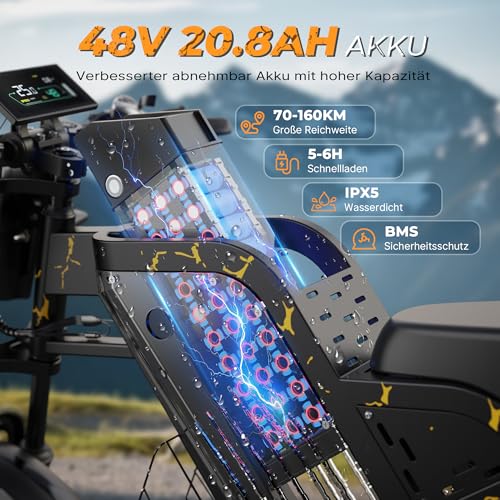 VARUN E Bike, 20 * 4.0 Zoll E-Bike Herren mit 48V 31.5Ah / 20.8Ah Akku, bis zu 160-180 KM, 250W 85Nm Motor, Fatbike Ebike mit Vollfederung, Blinker, 7 Gang All-Terrain E-Mountainbike mit EU-Konformes – Bild 3