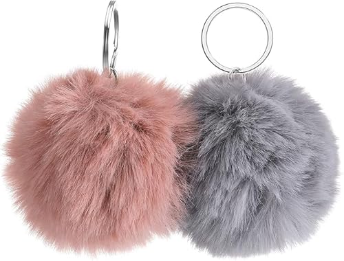 ueslwser 2Pcs Pom Pom Schlüsselanhänger Damen Kunstpelz flauschige Pompon Schlüsselanhänger niedlich weichen Schlüsselring Pom Pom Pom Charm Hanging mit Autoschlüssel Rucksack Handtasche