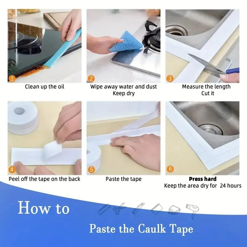 1/3 Rolls White Caulk Tape - Self Adhesive Waterproof Sealant Strip for Bathroom, Kitchen, Sink, Tub, Shower, Bathtub & Toilet Edge Protection (6)