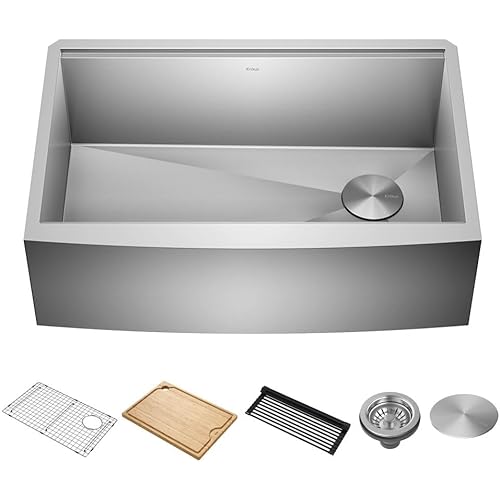 KRAUS Kore Workstation 30-inch Farmhouse Flat Apron Front 16 Gauge Single Bowl Stainless Steel Kitchen Sink with Integrated Ledge and Accessories (Pack of 5), KWF410-30