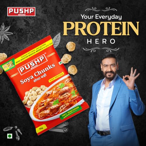 Image of PUSHP Soya Chunks 1kg (Pack of 2) | High Protein & Fiber rich Soyabean Wadi | Nutri Nuggets for Curry, Biryani & Snacks | 100% Vegetarian Soyabean Chunks
