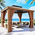 Jolydale 10' x 12' Gazebo, Permanent Wooden Finish Coated Aluminum Frame Canopy, Galvanized Steel Double Top, Outdoor Metal Pavilion with Privacy Curtains and Netting, for Patio, Deck and Backyard