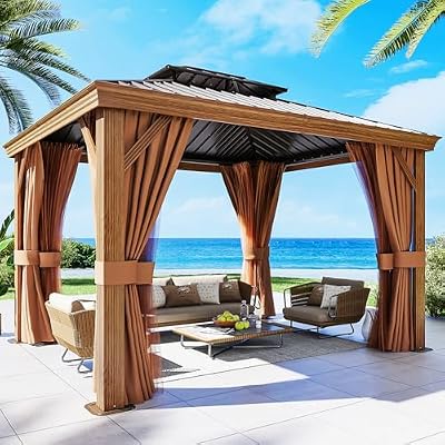 Jolydale 10' x 12' Gazebo, Permanent Wooden Finish Coated Aluminum Frame Canopy, Galvanized Steel Double Top, Outdoor Metal Pavilion with Privacy Curtains and Netting, for Patio, Deck and Backyard