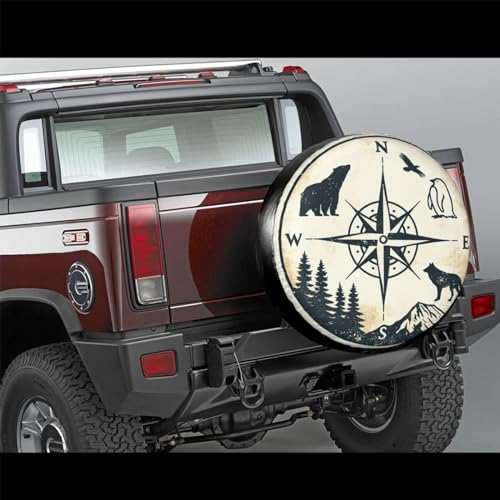 Image of Universal Fit Spare Tire Cover for RV, SUV, and Camper Trailers - Weatherproof Wheel Protector, Compass Animal Mountain Decorative Camper Spare Tire Cover 16 in