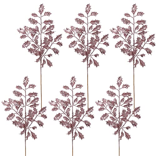 Dilatata 6Pcs Christmas Glitter Leaves Holly Leaves 23" Artificial Rose Gold Holly Leaf Picks Sprays Giltter Stems For Christmas Tree Diy Xmas Wreath Garland Home Decor - Rose Gold #TOP2