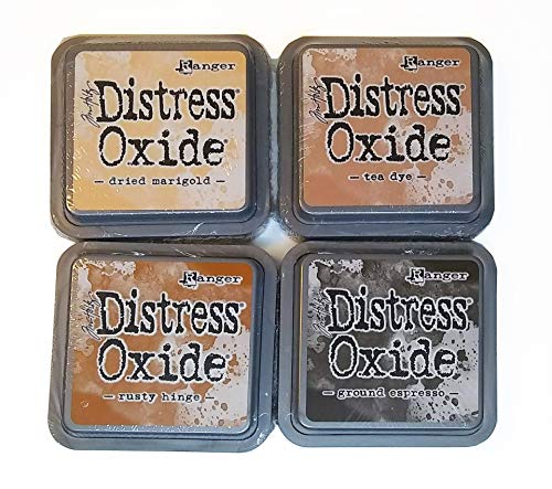 Tim Holtz Ranger Distress Oxide Ink Bundle - Four 3 x 3 Pads (T - Tea and Coffee : Dried Marigold Tea Dye Rusty Hinge and Ground Espresso)
