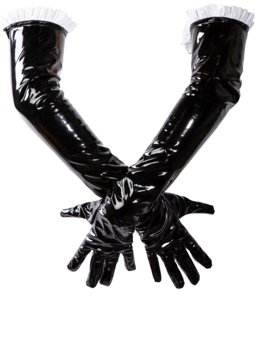 HONOUR Black Frilly Maid PVC Elbow Length Fashion Gloves S