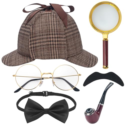 ERDOGLY Detective Costume Accessories Set Detective Outfit Accessories for Adults Men Women with Detective Hat Magnifying Glass Black Bow Tie for Halloween Dress Up Brown