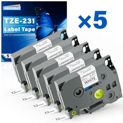 TZE-231 Label Maker Tape 12mm 0.47 Laminated Black on White Replacement for TZ TZE TZE231 1/2 x 8m Tape Cassette for Ptouch PT-D220 PTD220 D220 PT-D210 PTD210 PT-H110 PT-D200 PT-D400 D410 (5 Packs)