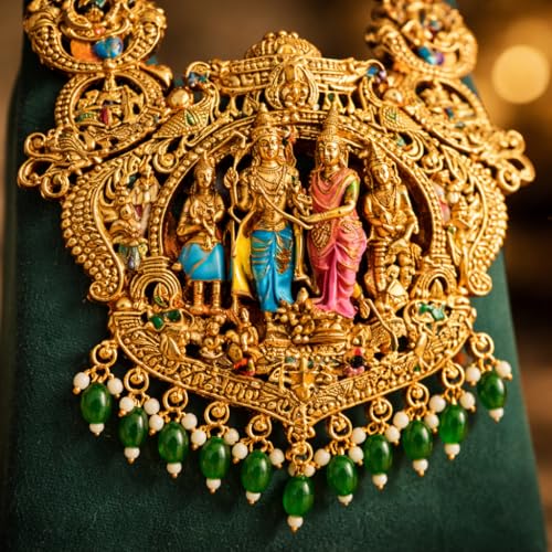 Image of Premium Sita Ramam Temple Jewellery Long Haram Set for Women | Antique Gold Plated Bridal Necklace with Rama Sita Lakshmi Motifs & Pearl Danglers | Traditional South Indian Wedding Jewellery with Matching Earrings