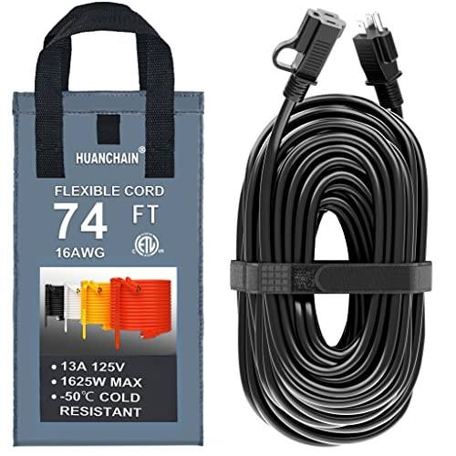 Indoor Outdoor Black Extension Cord 74 Ft Waterproof, 16/3 Gauge Flexible Cold-Resistant Appliance Extension Cord Outside, 10A 1250W 16Awg Sjtw, 3 Prong Heavy Duty Electric Cord, Etl Huanchain #TOP25