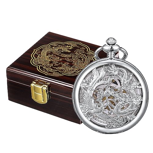 Image of ManChDa Antique Mechanical Pocket Watches for Men Lucky Dragon Phoenix Pocket Watch with Chain Skeleton Dial Roman Numerals Gifts for Fathers Day