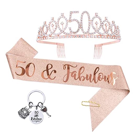 COLOFALLA Cumpleaños 50 Banda y Tiara Oro Rosa, Llavero Disfraz 50 años Fabulous para Fiesta Cumpleaños Mujer