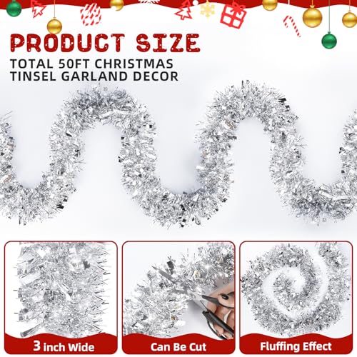 Image of 50FT Silver Christmas Tinsel Garland - Metallic Tinsel Glitter Twist Garland Hanging Streamers for Xmas Tree Garlands Decorations