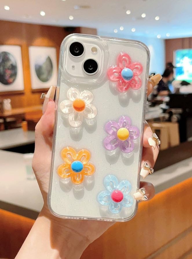 Image of COVERLY for iPhone 12 Pro 3D Luxury Pink Flower Resin Phone Case,Trendy Translucent Cute Hard Epoxy Art Crystal Clear -Non Yellowing Love Heart Embossed Pearl Princess Cover for Apple iPhone 12 Pro