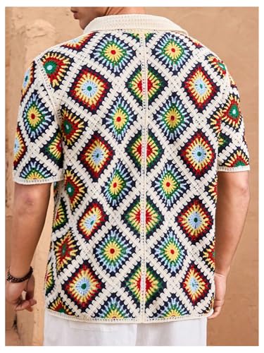 Men's Striped Knit Shirts Short Sleeve Button Down Shirt Crochet Hollow Out Summer Beach Top Vintage Vacation Wear2