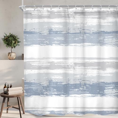 KOMLLEX Abstract Blue Shower Curtain for Bathroom Decor 72Wx72H Modern White Grey Striped Aesthetic Minimalist Geometric Simple Neutral Watercolor Painting Fabric Waterproof Polyester 12 Pack Hooks