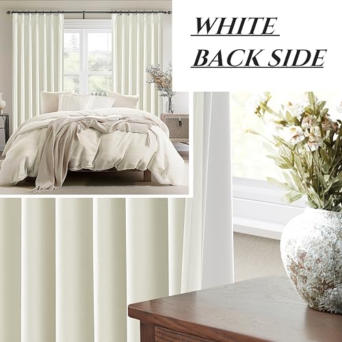 Image of Cute Short Window Blackout Kitchen Curtains 45 Inches Long 2 Panels Set, Farmhouse Light Cream Linen Pinch Pleated Linen Drapes with Hooks Rings Thermal Heat Blocking Ivory White Curtain for Windows