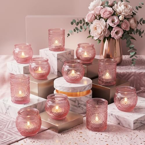 24 Pcs Pink Votive Candle Holders for Table Centerpiece Vintage Glass Candle Holder Set for Wedding Decor Home Party Decoration