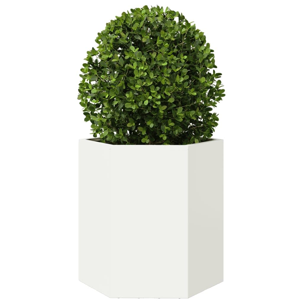 Jardineras de jardín de 2 piezas hexagonales de acero blanco 46 x 40 x 45 cm, jardineras elevadas sin fondo para plantas, huerto y hierbas aromáticas, diseño abierto para drenaje y crecimiento