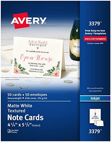 Avery Printable Note Cards, Inkjet Printers, 50 Cards and Envelopes, 4.25 x 5.5, Heavyweight, Textured (3379) for Birthday