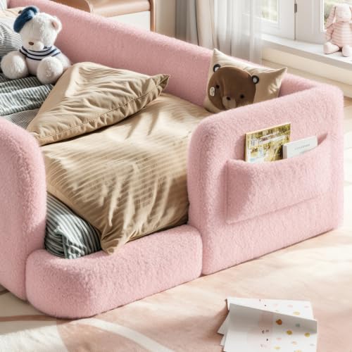 Image of Twin Size Kids Bed with Bow-Shaped Headboard, Upholstered Teddy Fabric Twin Daybed with Slats Support & Side Pockets, Space-Saving Wooden Corner Sofa Couch Bed Frame for Girls, Boys, Teenager(Pink)