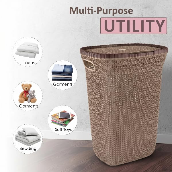 Image of KITCHIVO Plastic Large 55 Ltr Laundry Basket with Lid & Handle | Multipurpose Hamper Bins Storing Washable Clothes, Blankets | Household Ideal for Home & Bathroom (Marriott Cream Laundry Basket)