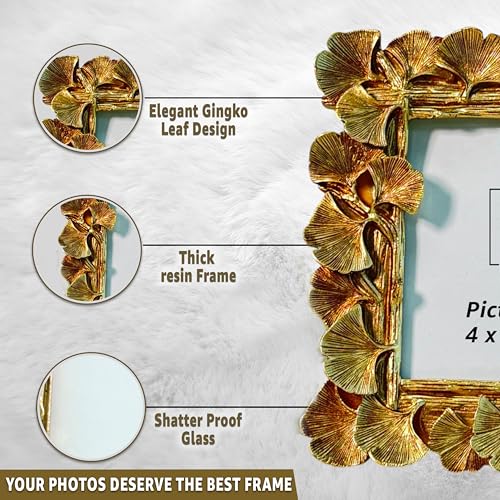 Image of Art Street Elegant Golden Ginkgo Leaf Resin Vintage Table Photo Frame, 5x7 Inch Photo, Decorative Frames Perfect for Home Decor, Unique Gift Idea, Durable, Birthday, Wedding, Return Gift - Royal Gold
