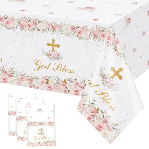 Image of MEHOFOND 3 Pack God Bless Tablecloths, 108 x 54 Inch Pink Flowers Baptism Disposable Table Cloths, Christening Plastic Table Cover, Bautizo Communion Holy Party Decorations for Girls Church