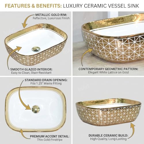Image of InArt Tabletop Ceramic Wash Basin /Sink (Gold, 18 X 13 X 5 Inch)