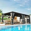 EROMMY 12x20FT Louvered Pergola Outdoor Sun Shade Shelter with Aluminum Frame and Adjustable Metal Rainproof Roof for Garden & Patio, Curtains and Netting Included, Gray-Black