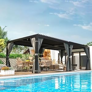 Erommy12x20ftlouveredpergolaoutdoorsunshadeshelterwithaluminumframeandadjustablemetalrainproofroofforgardenpatiocurtainsandnettingincludedgrayblack Urban Country Home Decor Erommy 12x20ft louvered pergola outdoor sun shade shelter with aluminum frame and adjustable metal rainproof roof for garden patio curtains and netting included gray black urban country home decor