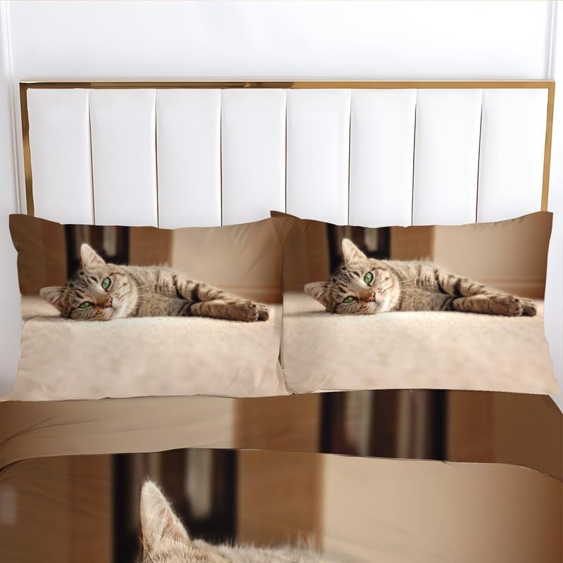 Miniatura 3 de Brown King Duvet Cover Cat Print King Bedding Set Soft Microfiber Comforter Cover and 2 Pillow Shams 20"X36", Bed Set Duvet Covers with Zipper for