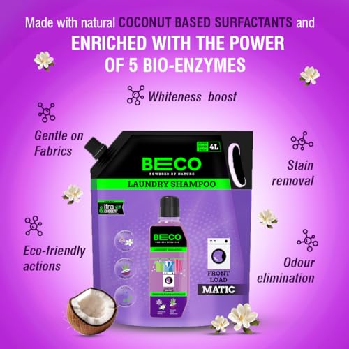 Image of Beco Natural Liquid Detergent Front Load-4L Refill Pack | Tough Stain Removal | Lavender & Vanilla Freshness | Retains Brightness & Shine | Chemical Free | Front Load Washing Machine Detergent Liquid