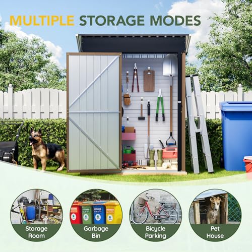 Image of 5x3FT Vertical Outdoor Steel Storage Shed, Lockable Doors, Compact Metal Tool Shed for Garden, Backyard, Patio, Utility, and Bike Storage,Brown