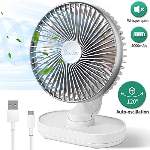 OCOOPA Quiet Desk Fan, Auto Oscillating 6.5 Inch Battery Fan, 4 Speeds Strong Table top Silent Cooling Air Circulator, 4000 mAh Usb Rechargeable Battery Operated for Home, Bed, Office, Silver